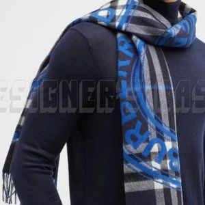 BURBERRY gray ROUNDEL GIANT CHECK reversible to blue LOGO Cashmere 12x66" Scarf